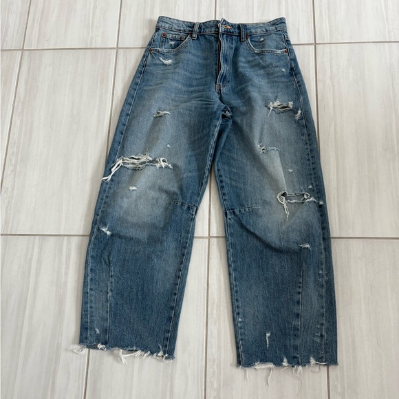 Zara women’s barrel Distressed Jeans - Blue - Picture 1 of 4
